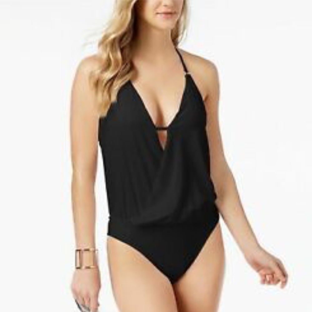 Bar III Molded Cup Draped Cowl Neck One Piece Swim
